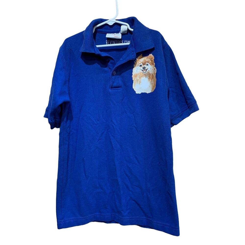 Upcycled Hand Printed Youth Large Pomeranian Puppy Dog Collared Polo Shirt